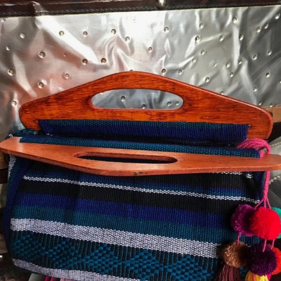 Foldover Fabric Wood Clutch Mexican Textile Purse - Picture 7 of 8